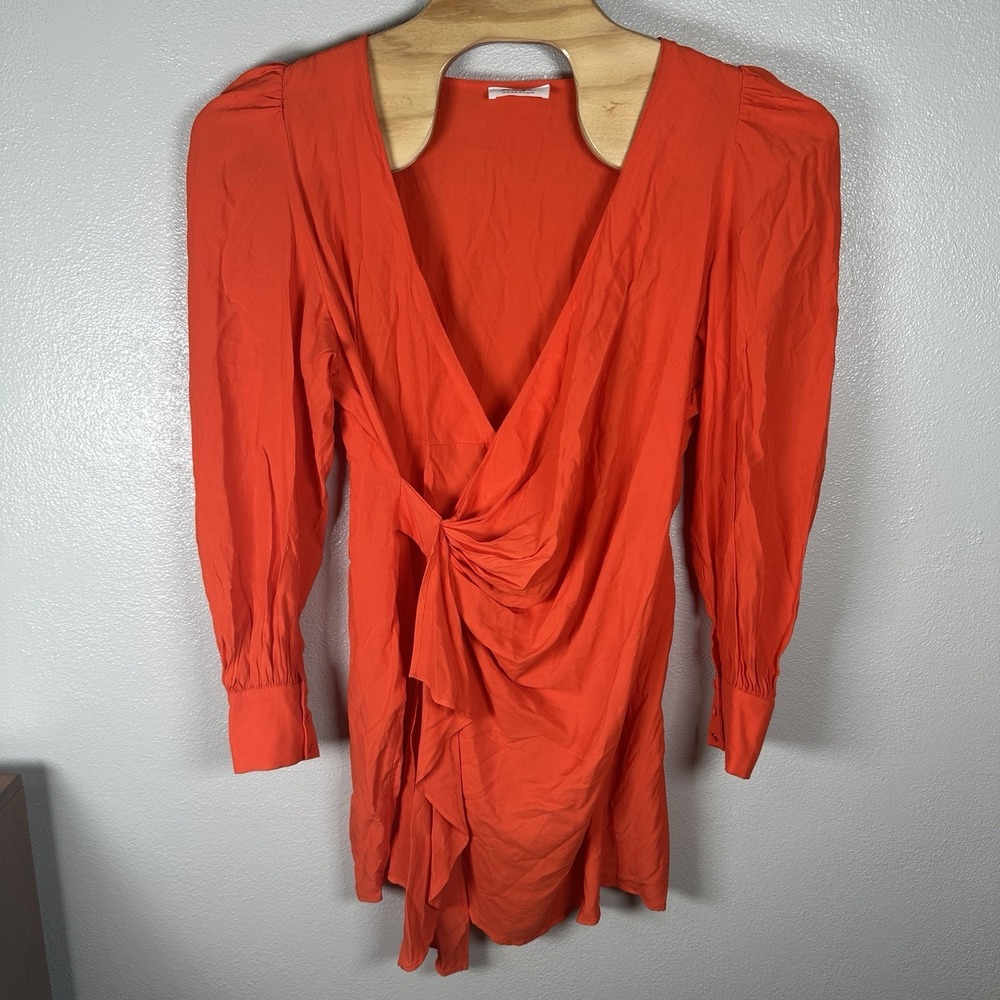 Showpo Long Sleeve Mini Dress Size US14 Bright Orange Faux Wrap Ruffle